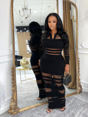 Mesh Patchwork Lapel Long Sleeve Maxi Dress SFY-823