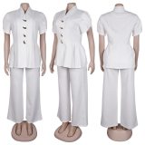 Plus Size Flower-bud Sleeve Buttons Two-piece Pants Set NY-11215