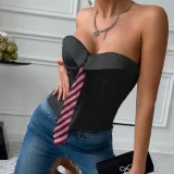 Necktie Solid Color Fishbone Lace-Up Underwire Tank Top  GOMN-70081