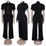 Plus Size Flower-bud Sleeve Buttons Two-piece Pants Set NY-11215
