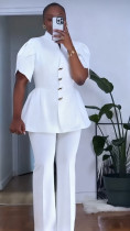 Plus Size Flower-bud Sleeve Buttons Two-piece Pants Set NY-11215