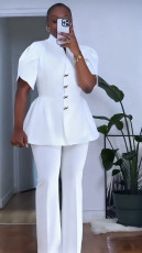 Plus Size Flower-bud Sleeve Buttons Two-piece Pants Set NY-11215