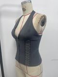 Halterneck Solid Color Zipper V Neck Tank Tops GOMN-71129