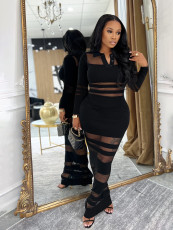 Mesh Patchwork Lapel Long Sleeve Maxi Dress SFY-823