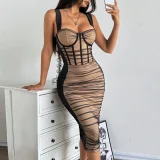 Mesh See Through Ruched Sling Midi Dress GOMN-71155