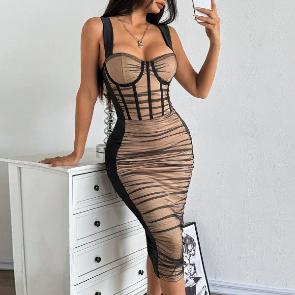 Mesh See Through Ruched Sling Midi Dress GOMN-71155
