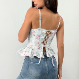 Floral Print Irregular Ruffled Backless Bustier Tank Tops GOMN-71027