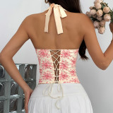 Print Backless Underwire Fishbone Halterneck Tank Tops GOMN-70138