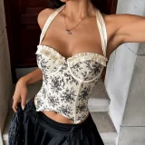 Print Backless Underwire Fishbone Halterneck Tank Tops GOMN-70138