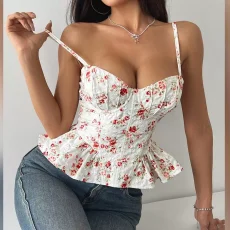 Floral Print Irregular Ruffled Backless Bustier Tank Tops GOMN-71027