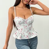 Floral Print Irregular Ruffled Backless Bustier Tank Tops GOMN-71027