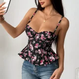 Floral Print Irregular Ruffled Backless Bustier Tank Tops GOMN-71027