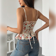 Floral Print Irregular Ruffled Backless Bustier Tank Tops GOMN-71027