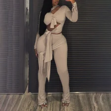 V Neck Tie Up Tight Two PIece Pants Set GZJQ-K25Q87933