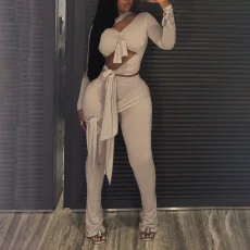 V Neck Tie Up Tight Two PIece Pants Set GZJQ-K25Q87933