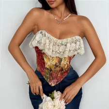Retro Oil Painting Patchwork Lace Sexy Fishbone Tank Top GOMN-71041