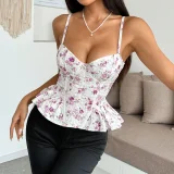 Floral Print Irregular Ruffled Backless Bustier Tank Tops GOMN-71027