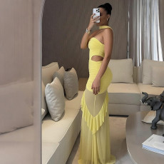 Mesh Patchwork Ruched Solid Color Maxi Dress GZJQ-K25D87226