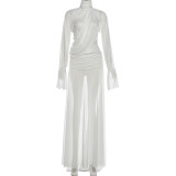 High Collor See Through Flare Sleeve Two Piece Skirt Set XEF-K25S87629