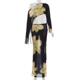 Print One Shoulder Tops Drawstring Long Skirt Suit XEF-K25S88763