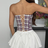 Retro Plaid Patchwork Lace Bandeau Tank Top GOMN-71162