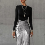 Long Sleeve Patchwork Ruched Maxi Dress XEF-K25D87724