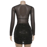 Mesh See Through Ruched Patchwork Mini Dress XEF-K25D89397