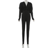 Deep V Neck Tight Solid Color Jumpsuit XEF-K25Q88360