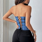 Retro Plaid Patchwork Lace Bandeau Tank Top GOMN-71162
