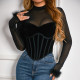 Mesh Patchwork Velour Long Sleeve Top GOMN-K0587