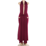 Halterneck Deep V Neck Backless Split Maxi Dress XEF-K25D88788