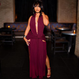 Halterneck Deep V Neck Backless Split Maxi Dress XEF-K25D88788