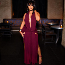 Halterneck Deep V Neck Backless Split Maxi Dress XEF-K25D88788