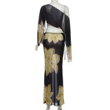 Print One Shoulder Tops Drawstring Long Skirt Suit XEF-K25S88763