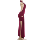 Halterneck Deep V Neck Backless Split Maxi Dress XEF-K25D88788