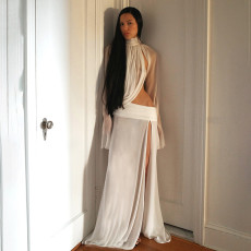 High Collor See Through Flare Sleeve Two Piece Skirt Set XEF-K25S87629