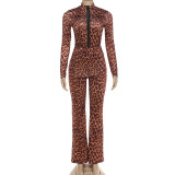 Leopard Print Long Sleeve Top Micro Flare Pants Suit XEF-K25S88816