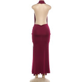 Halterneck Deep V Neck Backless Split Maxi Dress XEF-K25D88788