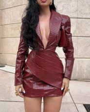 Deep V Neck Long Sleeve Leather Mini Dress GFCF-1420