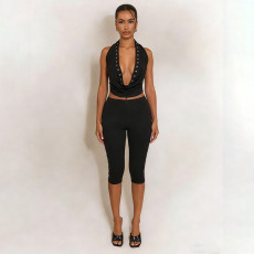 Solid Color Hollow Out Tops Seven-Tenths Pants Suit GDSF-J25ST484