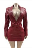 Deep V Neck Long Sleeve Leather Mini Dress GFCF-1420