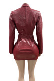 Deep V Neck Long Sleeve Leather Mini Dress GFCF-1420