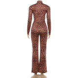 Leopard Print Long Sleeve Top Micro Flare Pants Suit XEF-K25S88816