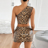 Leopard Print Sequin Single Shoulder Top Skirt Suit GZIY-6358