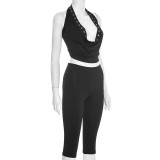 Solid Color Hollow Out Tops Seven-Tenths Pants Suit GDSF-J25ST484