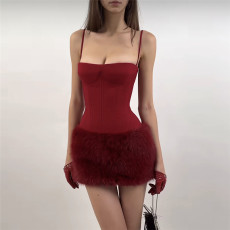 Furrzy Patchwork Sling Mini Dress GXIY-K25L1720