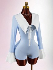 Contrast-Color Collar Bow Tie Romper GXIY-K25L1866