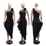 Slash Shoulder Sequin Split Long Dress CYA-902137