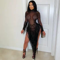 Hot Drll Long Sleeve Tassel Irregular Dress CYA-902191