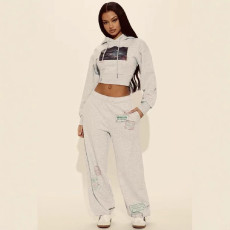 Print Long Sleeve Hooded Sweatshirt Two Piece Pants Set GBGF-251120